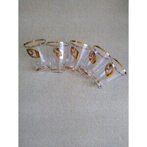 Vintage MCM Retro Wheat Cut Glass Etched Gold Aperitif Cordial Shot Glasses (5)